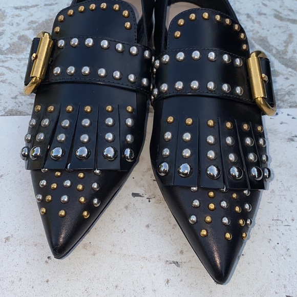 Prada Milano leather pointy toe studded fringe leather buckled flats black shoes - Picture 7 of 7